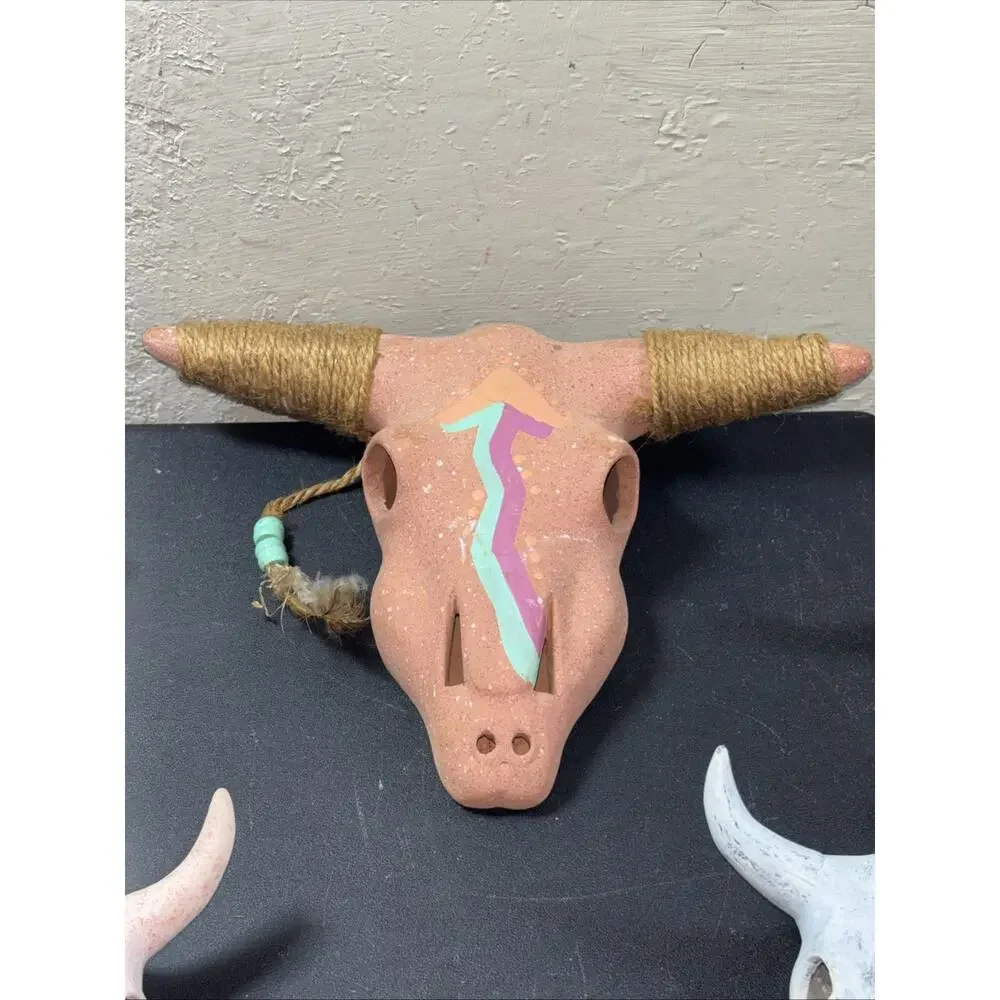 5 Southwestern Pottery Ceramic Bull Skull Hand-Painted Wall Table Decor 7” & 5”